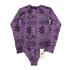 Rusty Australia Rash Guard Purple Patchwork Floral Long Sleeve Bodysuit Size S